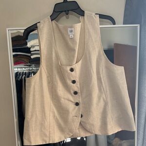 GAP Beige Linen-Blend Button Front Vest